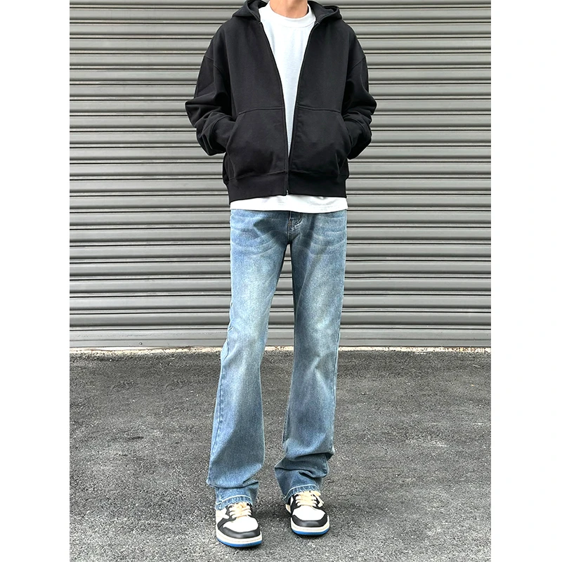 美式高街牛仔裤男款春秋季水洗复古蓝休闲微喇裤子百搭宽松直筒裤