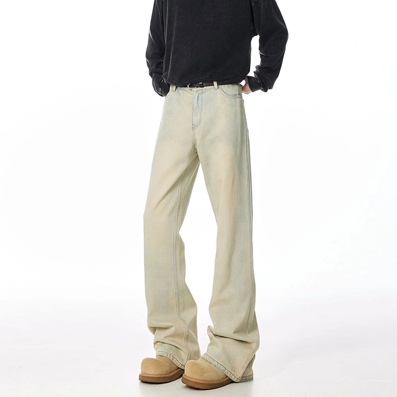 巴黎bootcut黄色弯刀牛仔裤男款秋冬美式高街vibe裤子加绒微喇裤