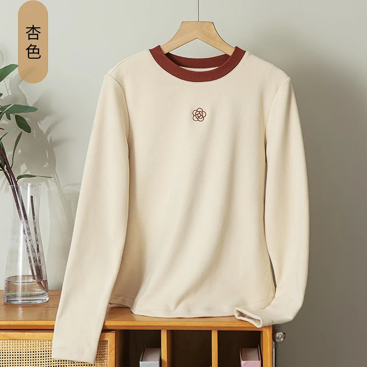 【HXSM】秋季新款撞色山茶花刺绣休闲百搭女款打底衫2567