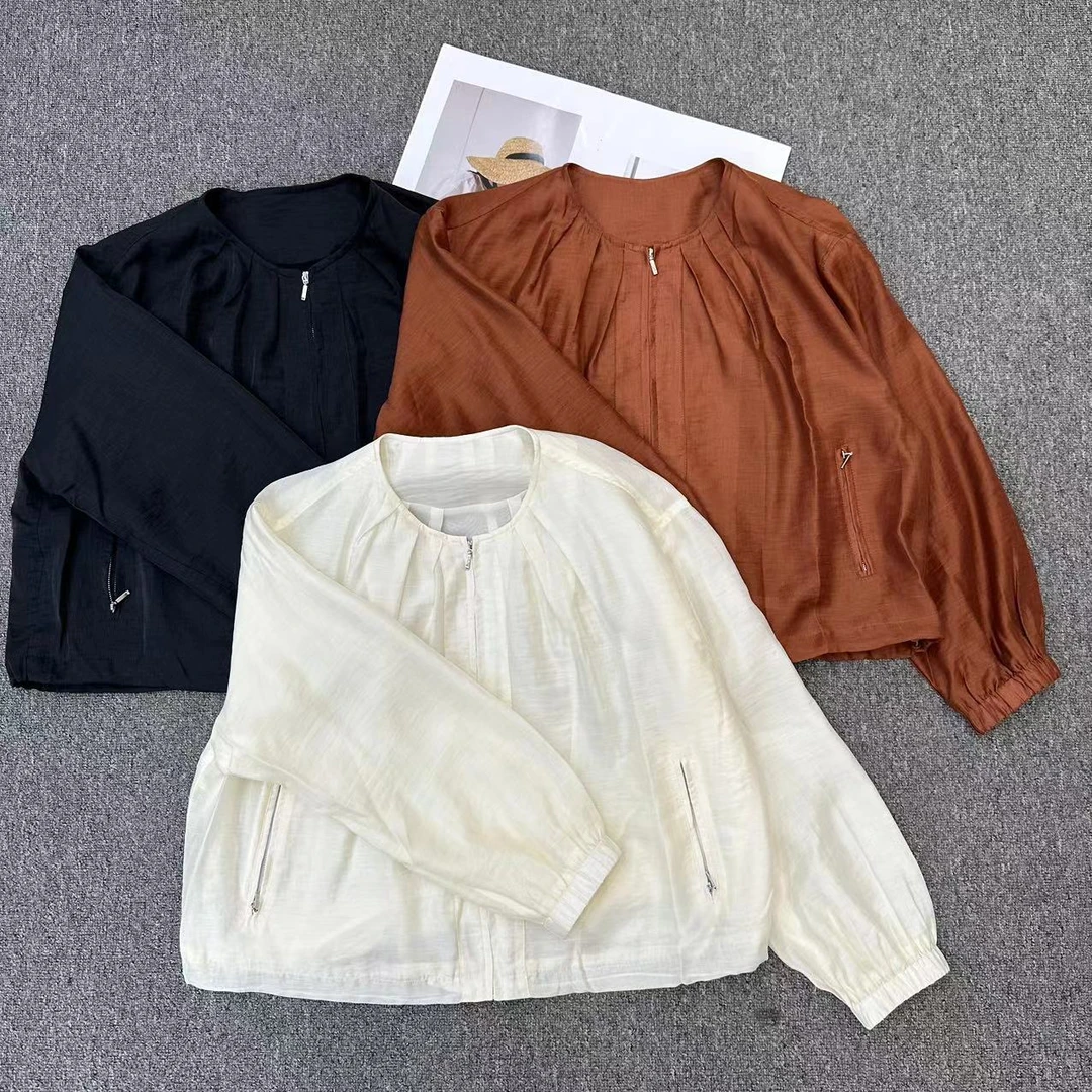 【周周家】S2451濮院秋季桑蚕丝圆领拉链开衫女士休闲时尚短外套