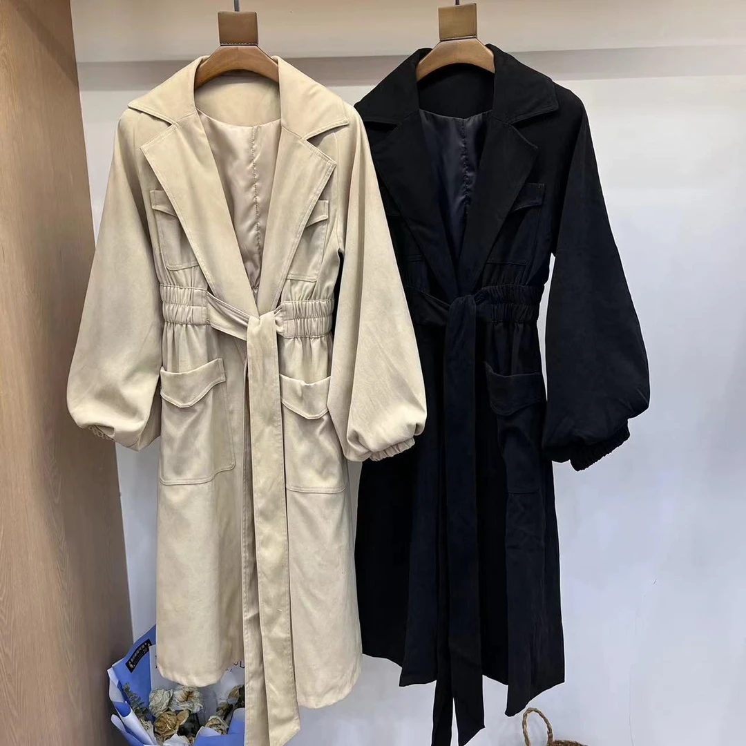 【周周家】M1139濮院春季新款风衣纯色女士腰带休闲大衣