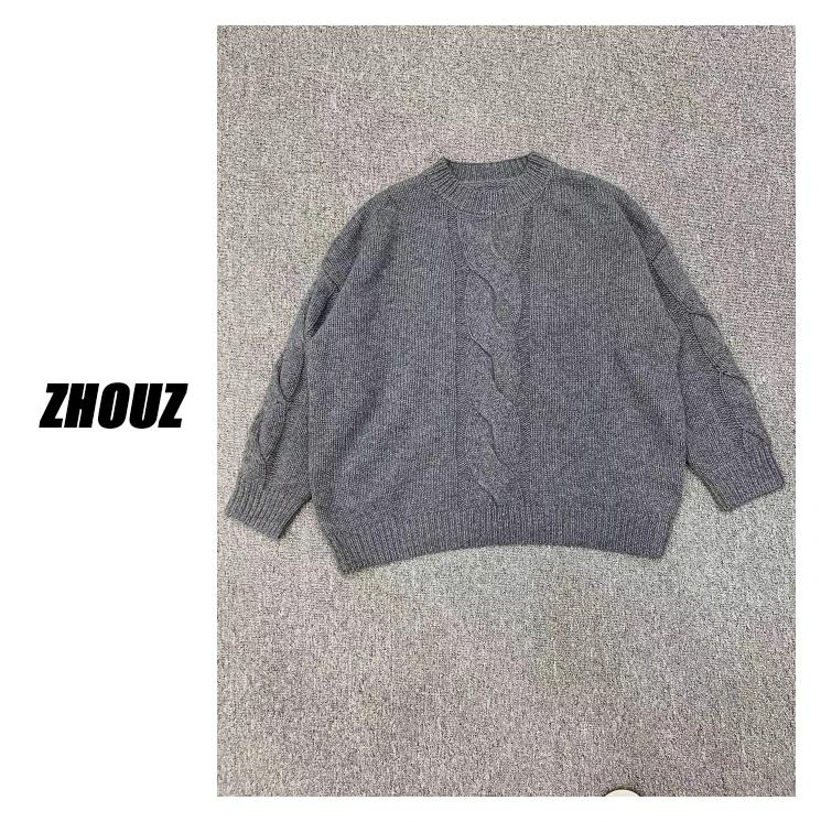 【周周家】R300羊绒纯色圆领套头拧麻花秋冬宽松厚女士上衣