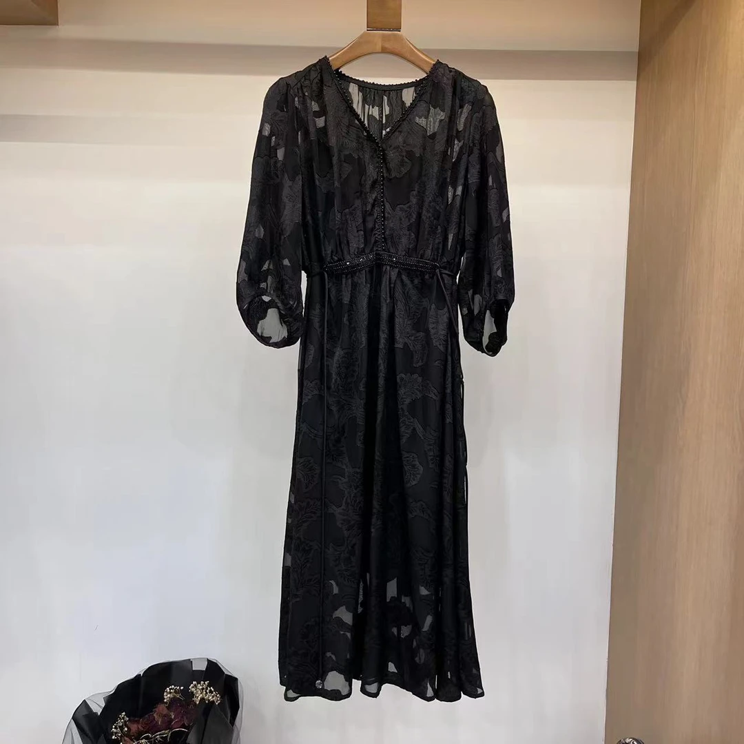 【周周家】Q1934濮院春夏季黑色V领连衣裙女士宽松休闲气质街头风