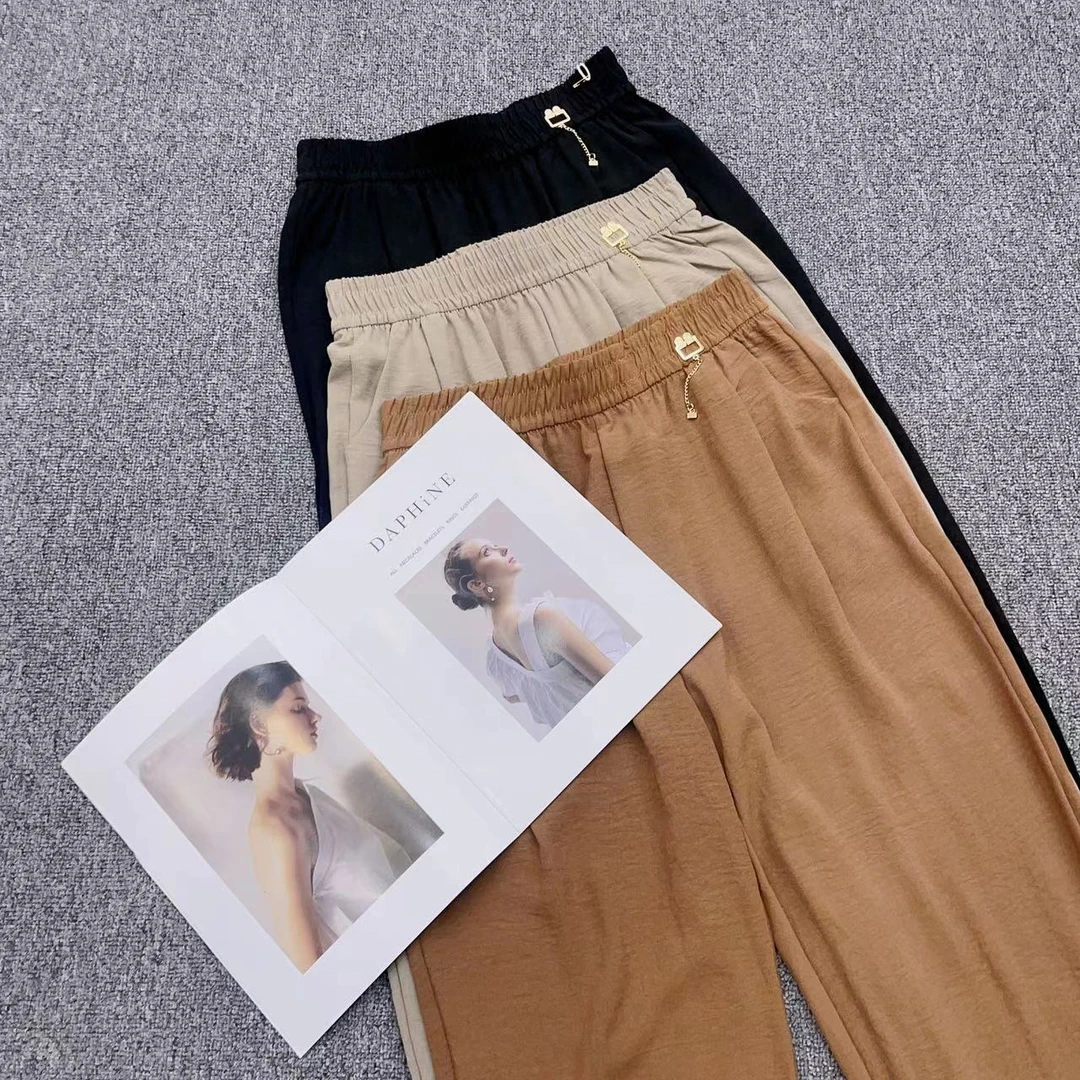 【周周家】3558时尚纯色设计带链松紧腰百搭休闲长裤韩版