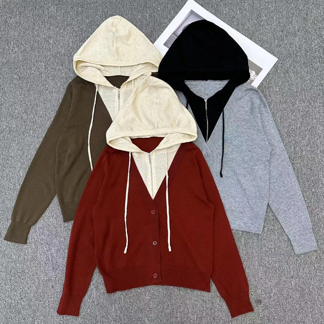 【周周家】M2229濮院秋季绵羊毛连帽套头假两件女士休闲时尚针织衫