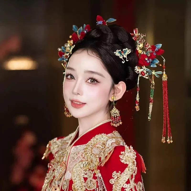 红色绒花步摇新娘头饰4691