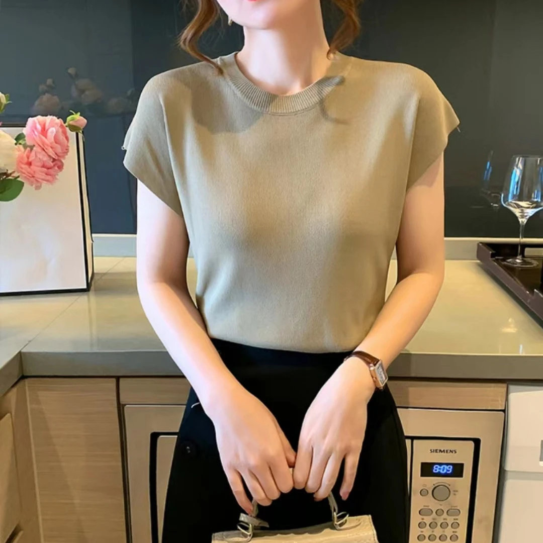 冰丝针织衫女夏季薄款2024年新款落肩袖宽松显瘦纯色圆领短袖上衣