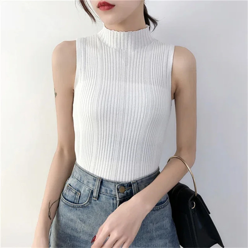 半高领宽纹坑条纹针织背心女夏季新款港味复古chic无袖上衣打底衫