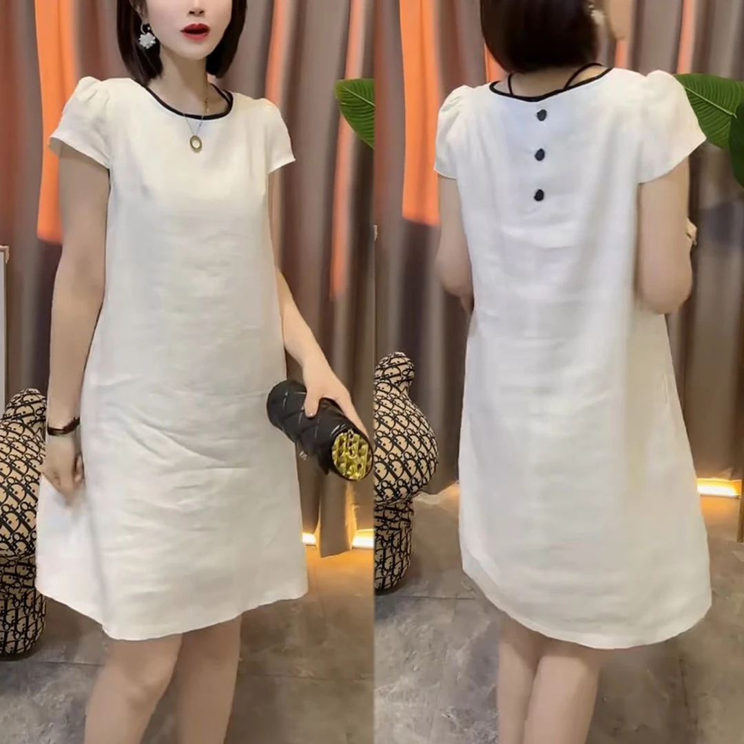 2025夏季新款时尚短袖连衣裙女气质宽松遮肉显瘦纯色简约休闲裙子