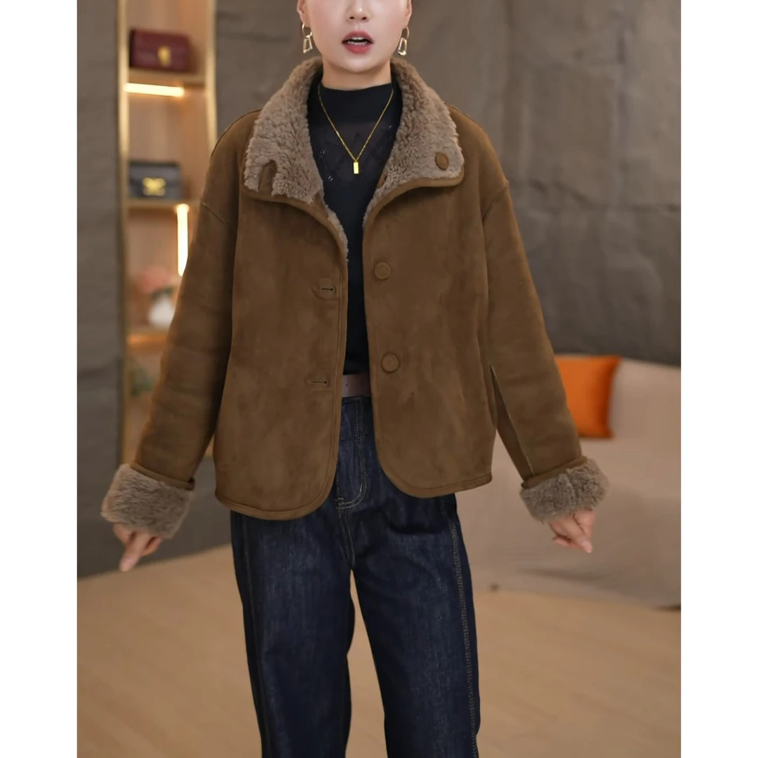 设计感休闲百搭保暖两面穿上衣2024冬季新款时尚皮毛一体短外套女