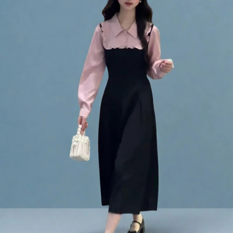 法式木耳边设计感中长裙女2025春季新款撞色假两件收腰显瘦连衣裙