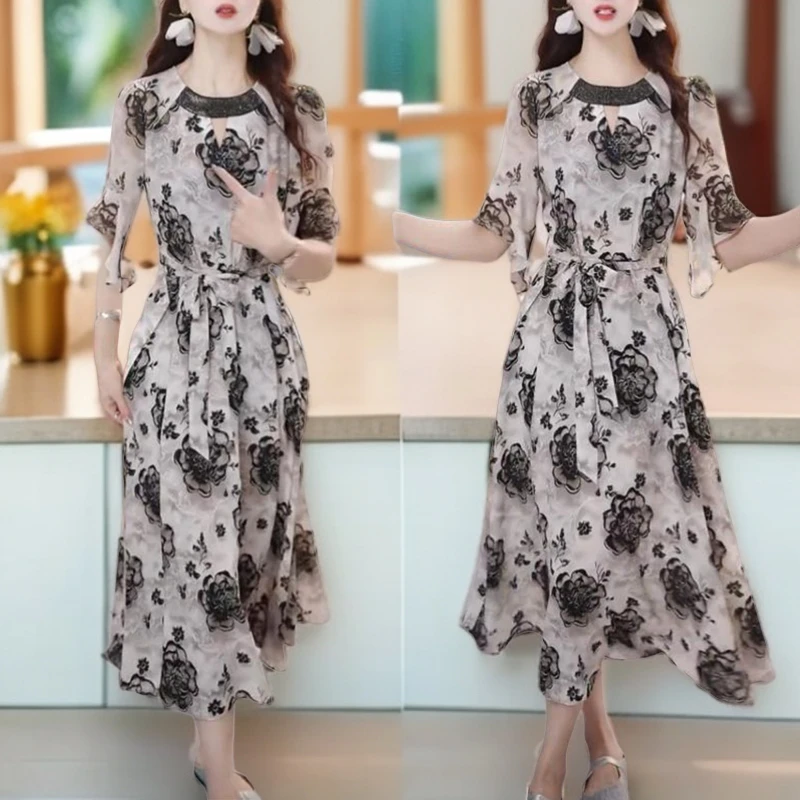 时尚短袖连衣裙女2025夏季新款气质系带收腰显瘦中长印花减龄裙子