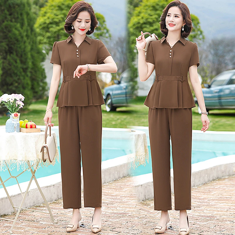 中老年妈妈装夏装短袖时尚套装洋气气质中老年夏季大码两件套大码
