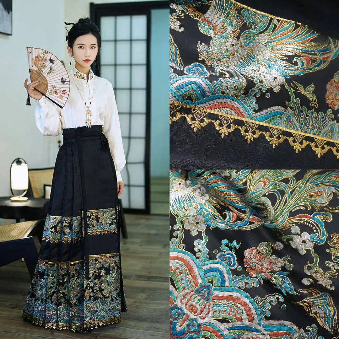 玲珑阁【凤凰于飞】织金仿妆花国风黑色汉服布料新中式古风马面裙