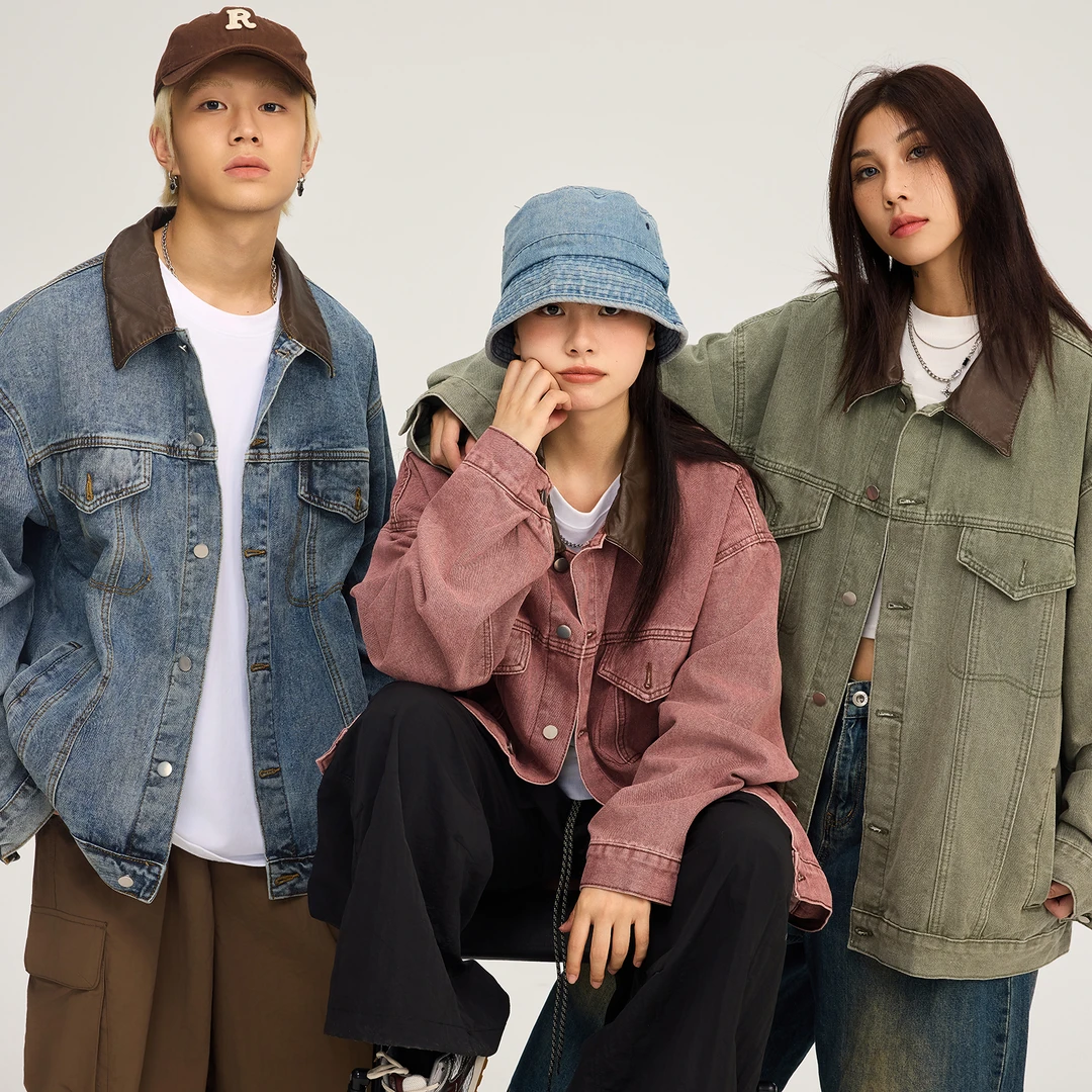 TIRED潮牌翻领拼接牛仔衣夹克秋季情侣卡哈特上衣百搭休闲外套男