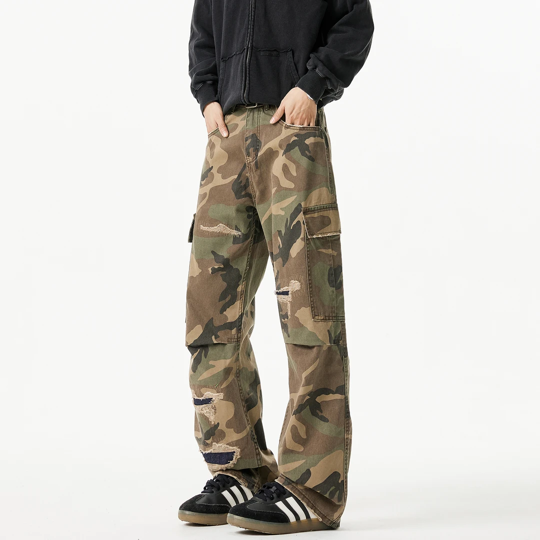 TIRED【明星同款】潮流复古迷彩破洞工装裤男秋冬季街头直筒休闲裤