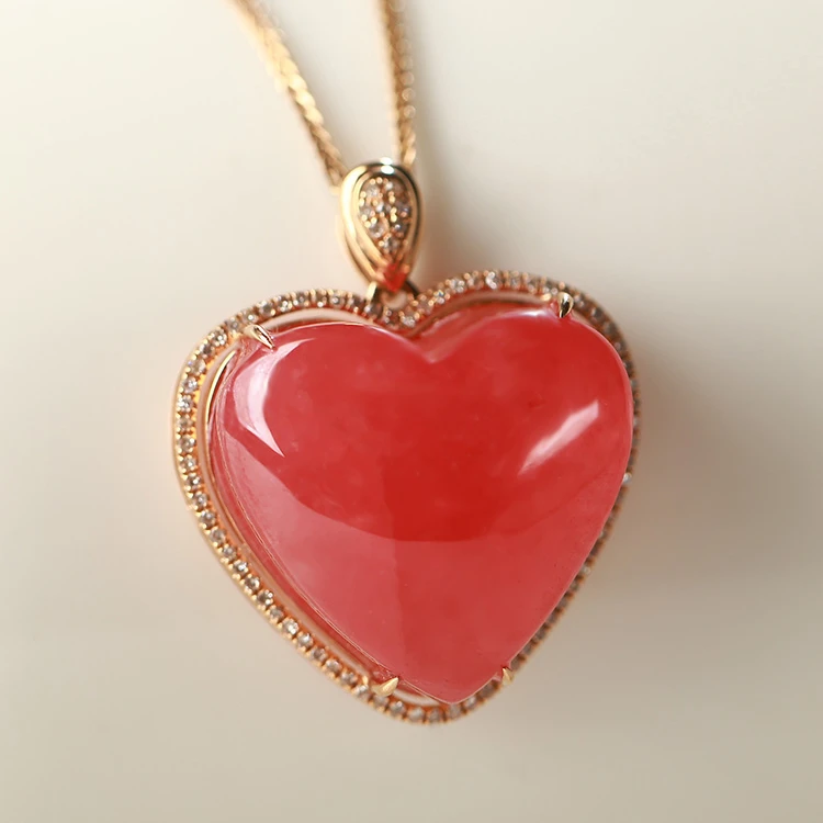 天然冰种阿根廷红纹石爱心吊坠18K黄金镶嵌名族风心型项链饰品女