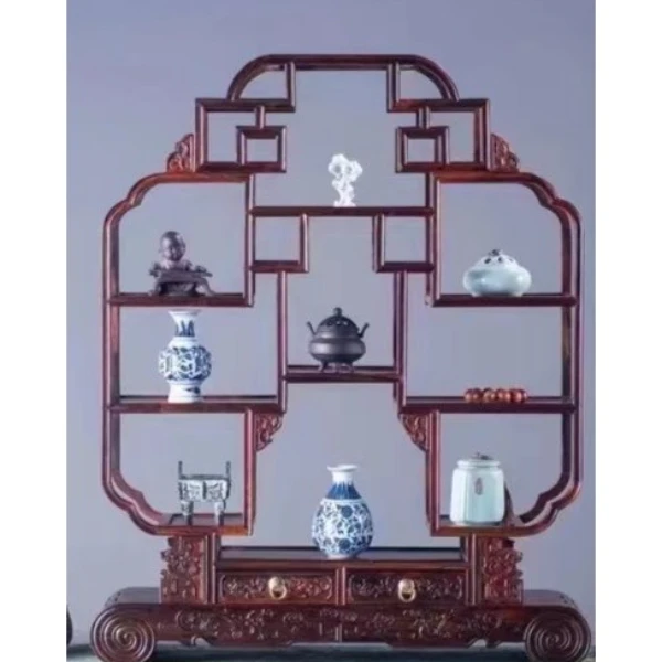 大红酸枝置物架云龙方形双抽博古架