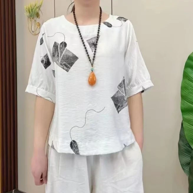 夏季女装时尚百搭天丝棉麻印花圆领小衫妈妈装宽松休闲大码t恤衫