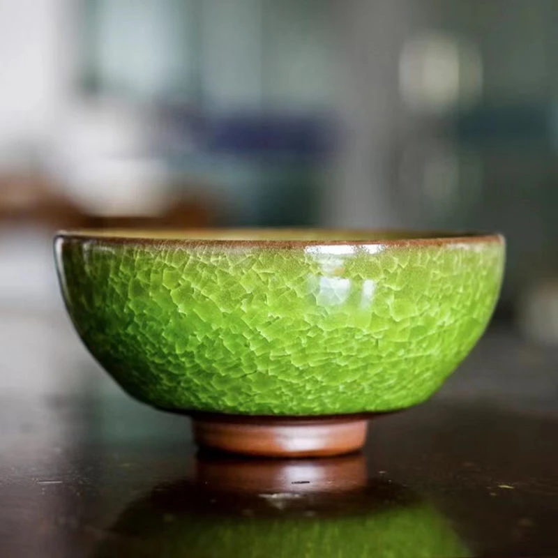 建盏开窑翡翠帝王绿冰裂纯手工大师茶盏主人杯茶具遇水化冰大师款