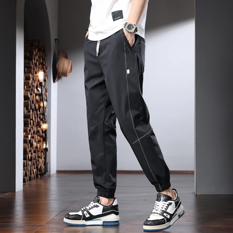 冰丝裤子男夏季新款潮牌宽松阔腿休闲裤薄款速干抽绳运动束脚长裤