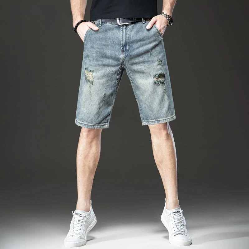 美式复古休闲破洞牛仔短裤男夏季薄款宽松直筒潮流五分中裤