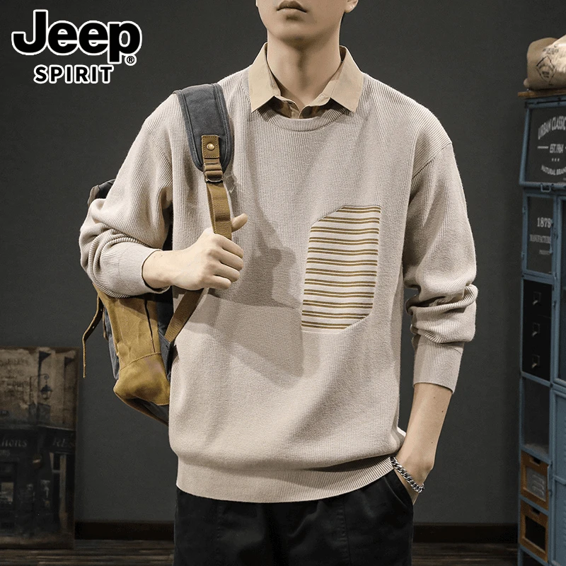 jeep吉普秋冬季复古英伦风Polo领毛衣男宽松潮流假两件针织线衣男