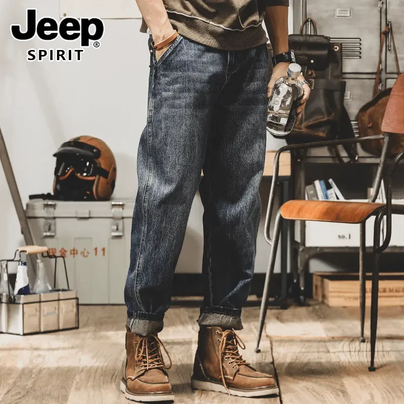jeep吉普高端美式重磅复古牛仔裤男宽松直筒秋冬新款休闲长裤子男