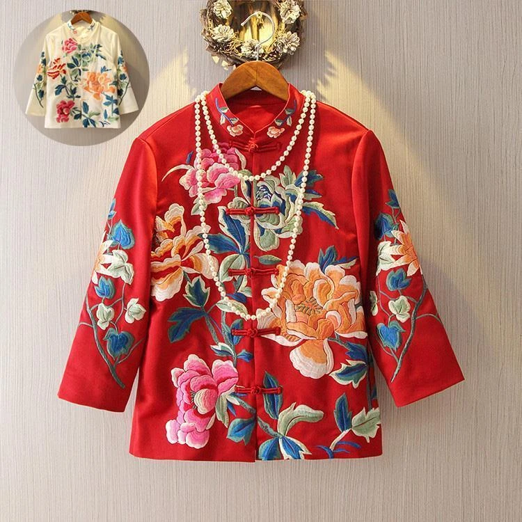 正版春复古季国风对襟中式唐装妈妈外套牡丹绣花短款旗袍式上衣女
