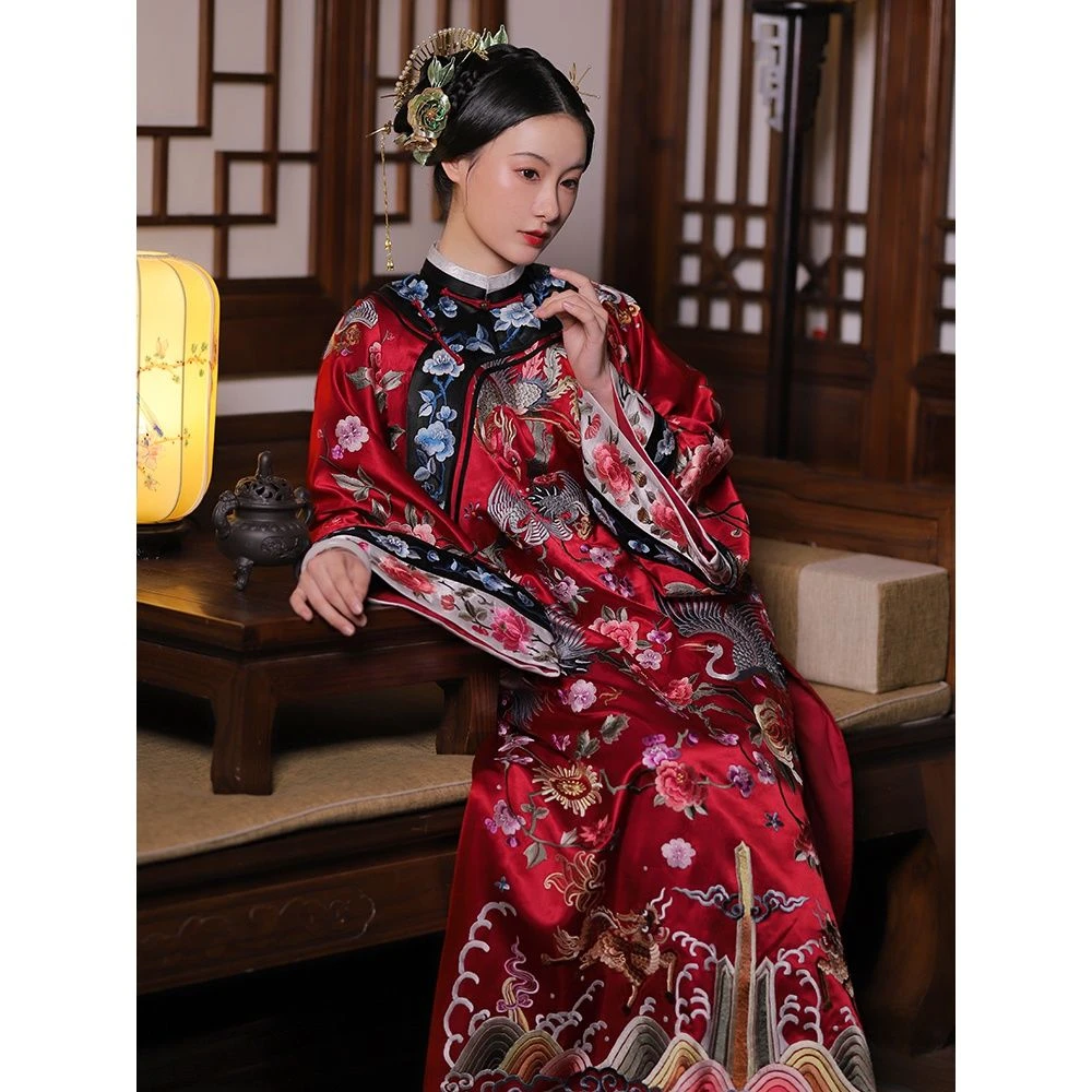 2023春季新款复刻晚清红色盘扣大襟高端仿绣花改良氅衣中国风女装