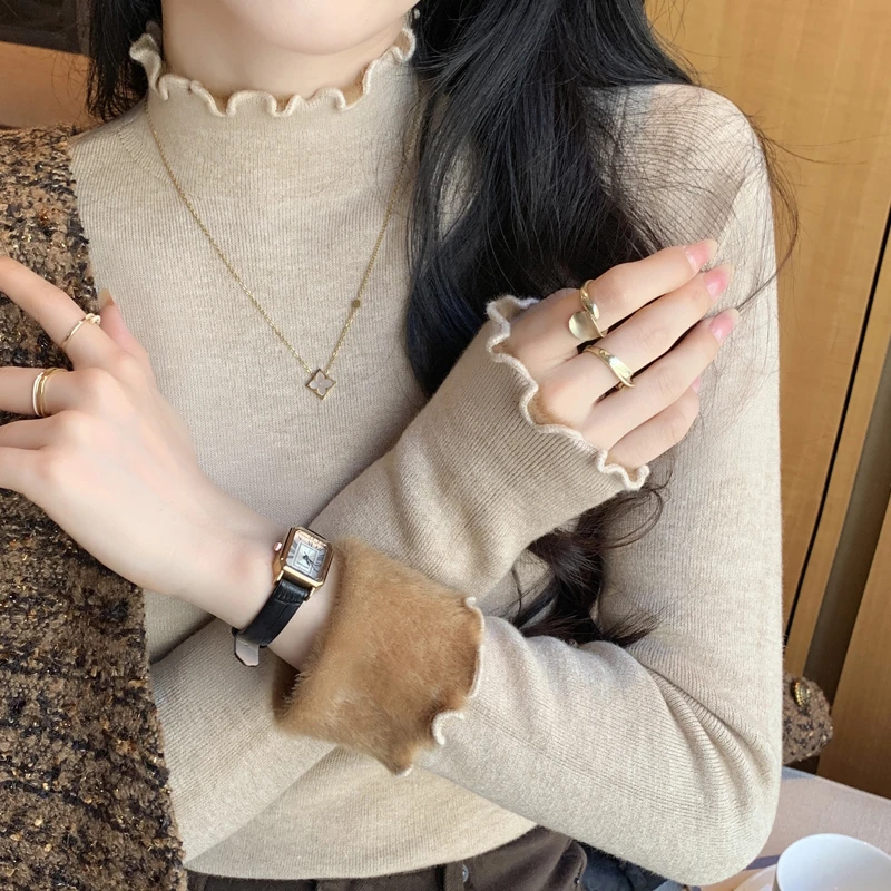 加绒针织打底衫女秋冬2024新款高级感洋气上衣木耳边加厚内搭毛衣