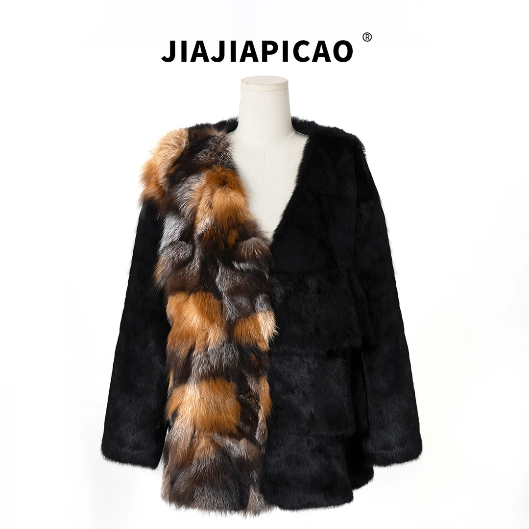【设计师款】皮草 冬季长袖柔软兔毛狐狸毛皮草外套/24350-1