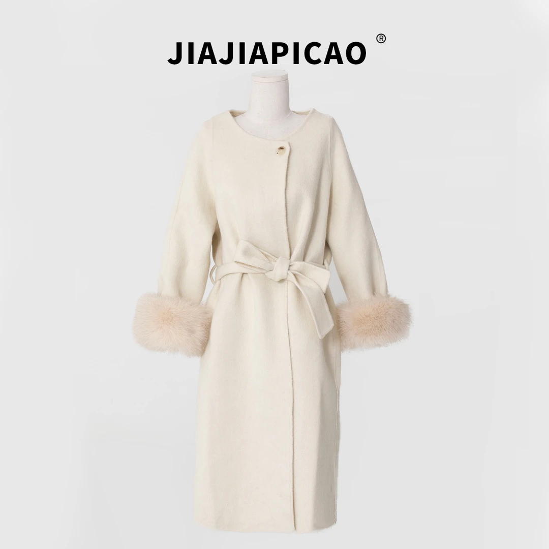 【佳佳新品】冰雪恋人狐狸毛绵羊毛长款大衣/22170