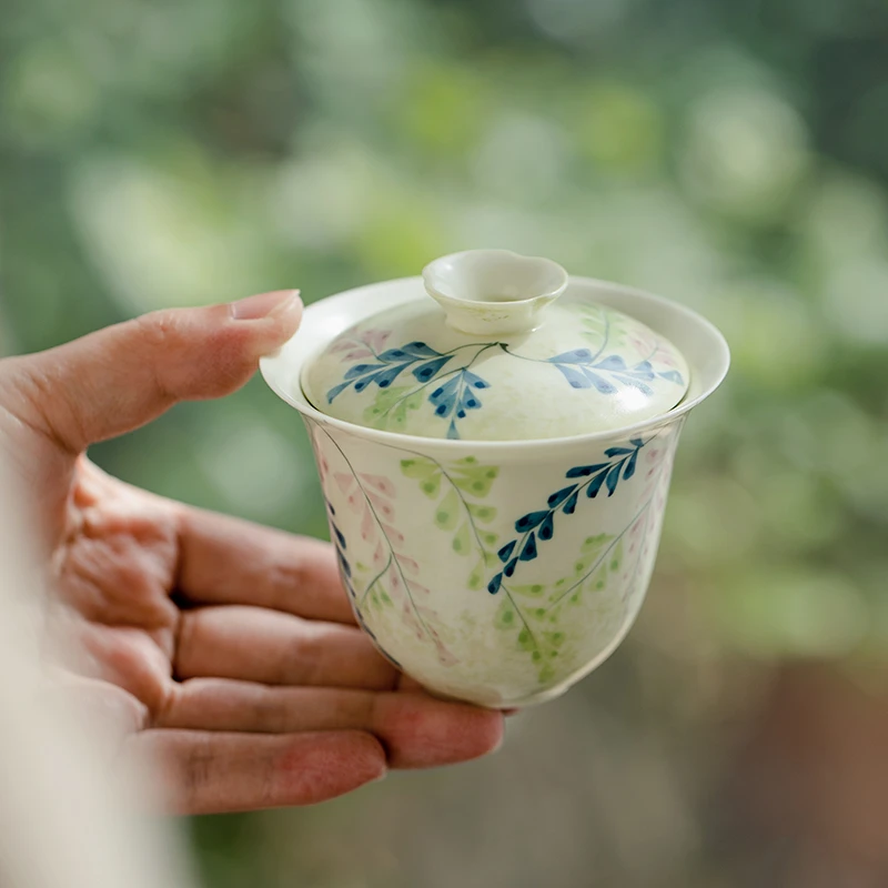 德白纯手绘紫藤花盖碗茶杯单个高档陶瓷二才泡茶碗中国风功夫茶具
