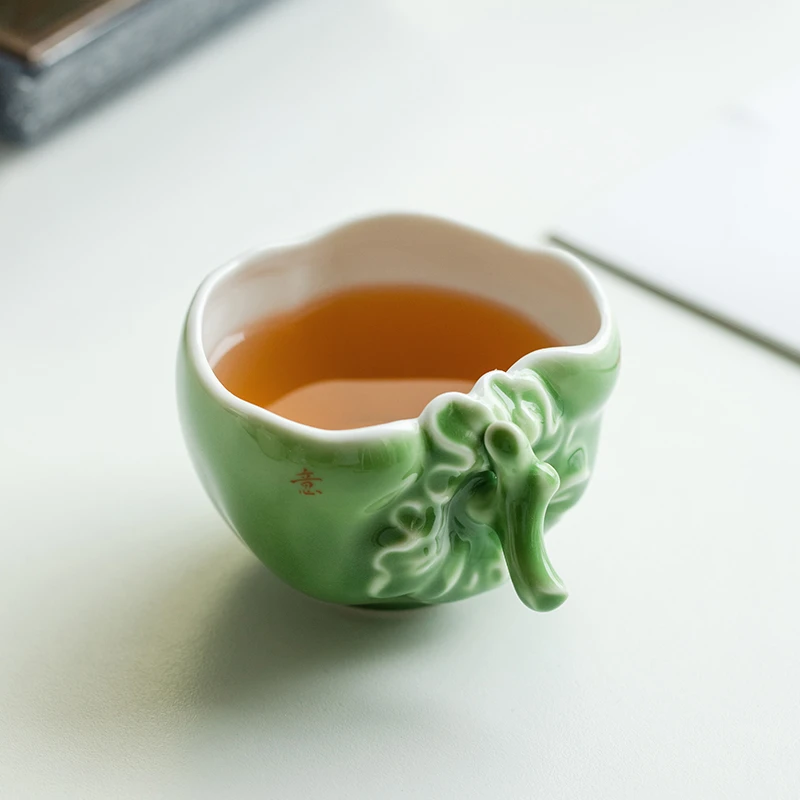 清仓祖母绿柿柿如意把手杯创意陶瓷杯中式品茗杯家用单个主人杯