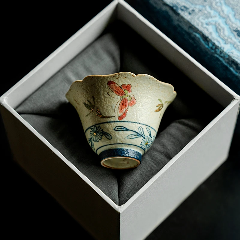 德白青花火石红茶杯陶瓷高档轻奢描金纯手绘蝴蝶兰花主人杯礼盒装