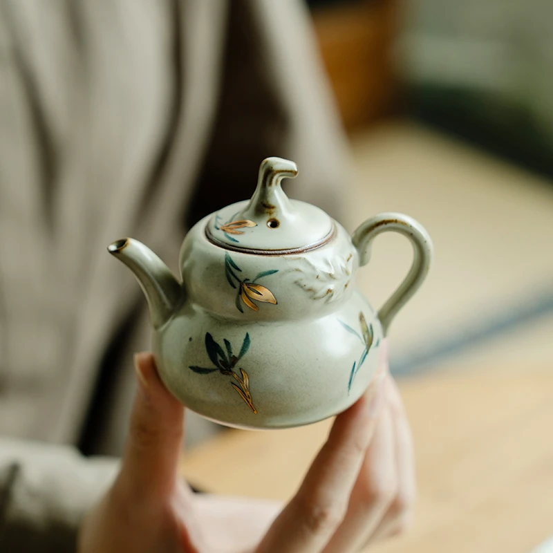 德白仿古描金纯手绘蝴蝶兰花葫芦瓜茶壶陶瓷泡茶壶家用泡茶单壶女