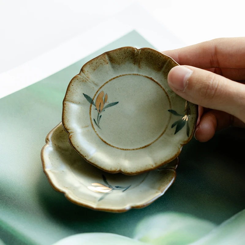 德白仿古描金纯手绘蝴蝶兰花杯垫茶杯托复古陶瓷隔热垫茶道零配件