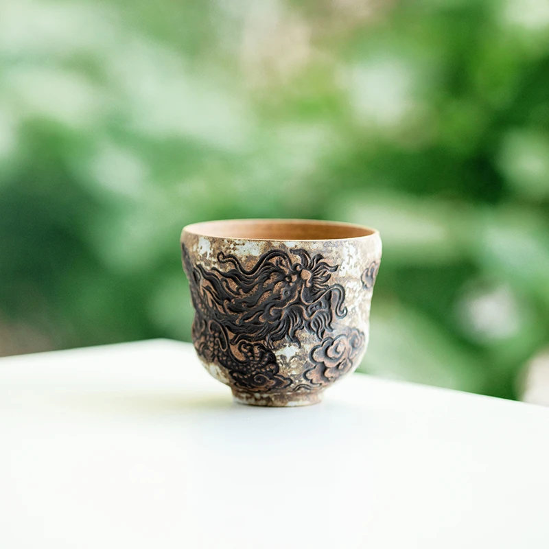 德白老岩泥粉引白浮雕腾龙纹葫芦杯家用主人杯创意复古中国风茶具