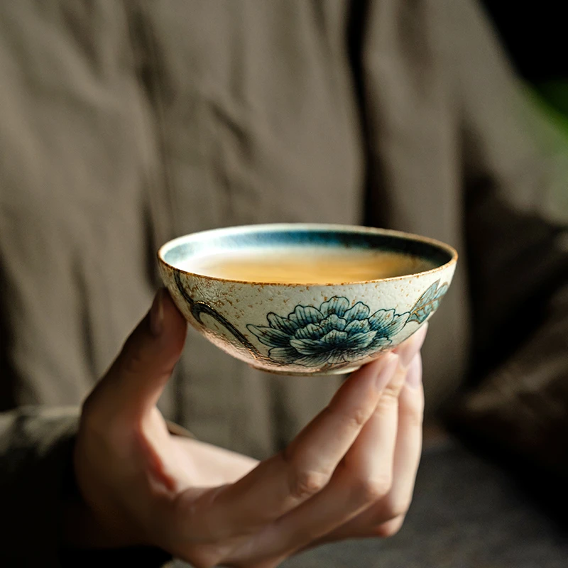 德白青花火石红普洱杯茶杯描金纯手绘牡丹花陶瓷主人杯家用品茗杯