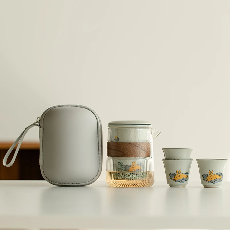 停产福利金兔报喜旅行茶具户外随身快客杯泡茶壶陶瓷茶杯便携