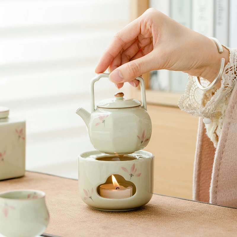 德白草木灰纯手绘粉兰花煮茶器陶瓷蜡烛茶台温茶炉茶壶加热暖底座