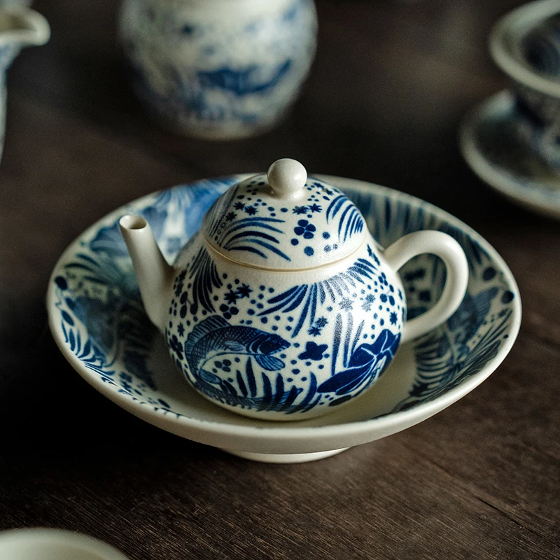 德白苏打釉半彩青花鱼藻纹梨形壶陶瓷茶壶茶杯创意泡茶壶功夫茶具