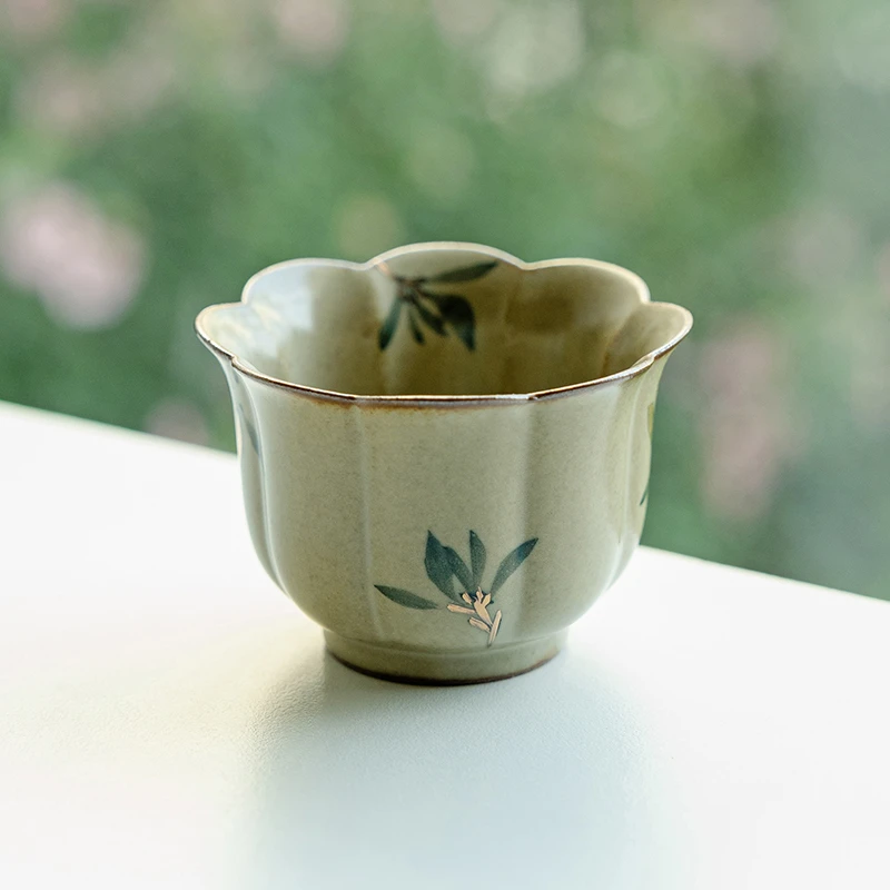 德白仿古描金纯手绘蝴蝶兰花慕初高足杯陶瓷茶杯功夫单杯个人专用