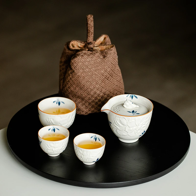 德白纯手绘蝴蝶兰花户外旅行茶具套装简约便携快客杯中式泡茶套装