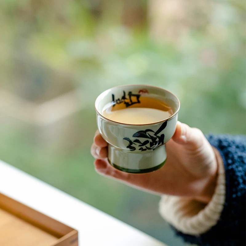 德白纯手写欢喜高脚茶杯陶瓷主人单个杯功夫茶具高足品茗杯子女士