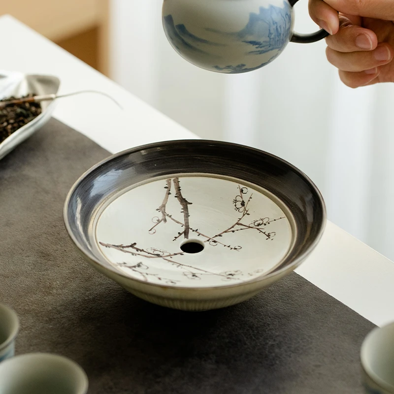 德白纯手绘兰花陶瓷壶承干泡台双层储水式茶台养壶盘壶托茶壶承垫