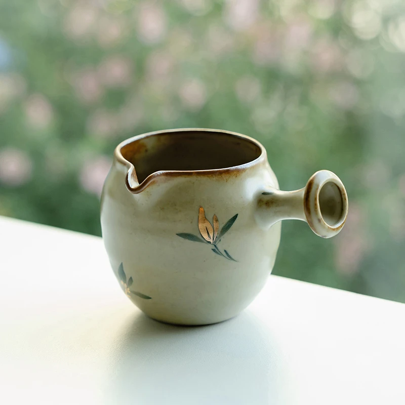 德白仿古描金纯手绘蝴蝶兰花侧把清影公道杯陶瓷分茶器茶海零配件