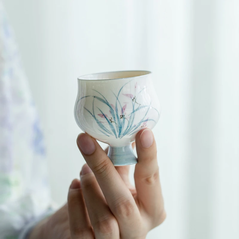 德白纯手绘幽兰描白金蛮腰杯高足主人杯单杯小茶杯家用陶瓷品茗杯