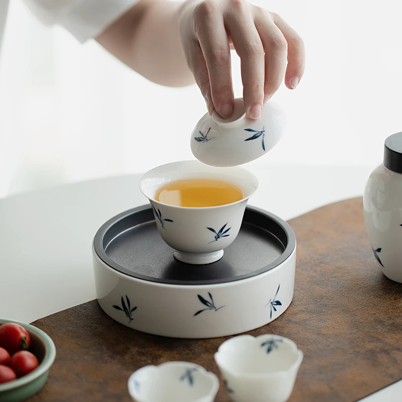 德白纯手绘蝴蝶兰花马蹄盖碗茶杯单个茶碗家用陶瓷功夫茶具泡茶器